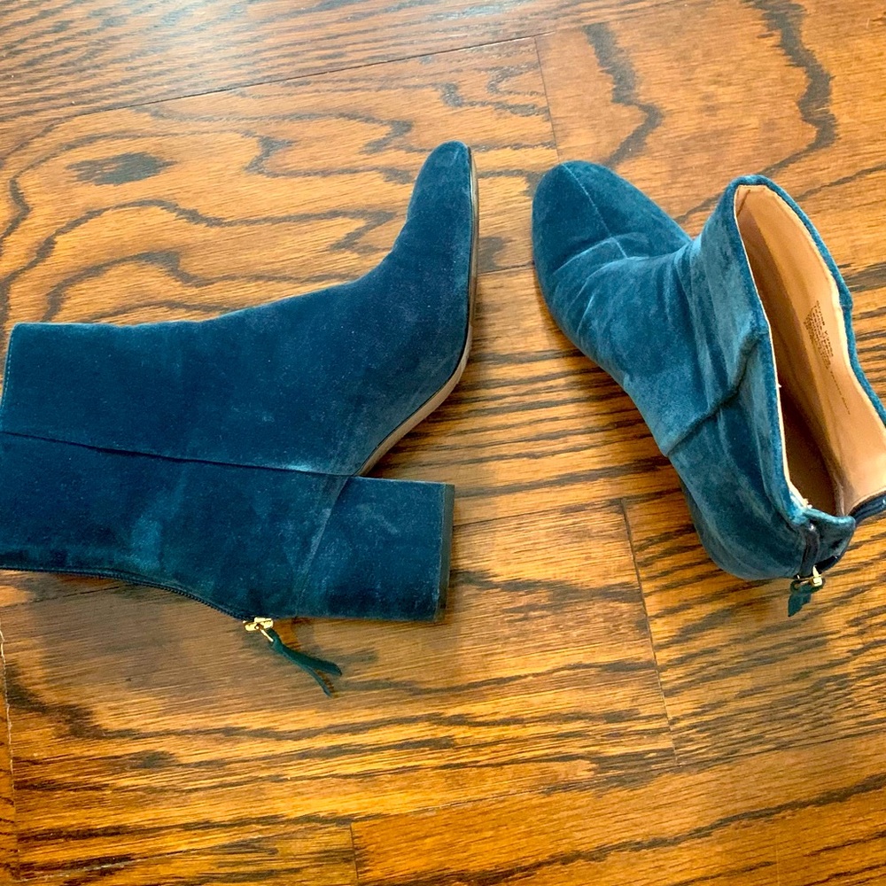 COPY - J Crew blue velour ankle boots with block heel.